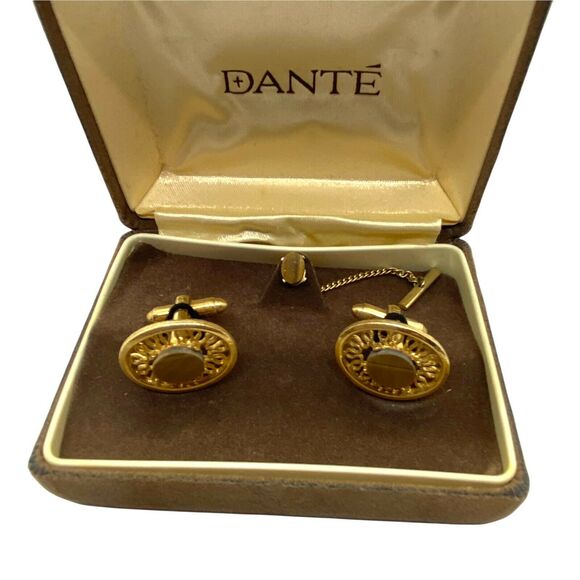 Cufflinks And Tie Tack Set Vintage Dante Men's Gold Tone Tiger’s Eye Bullet Back - Picture 1 of 16
